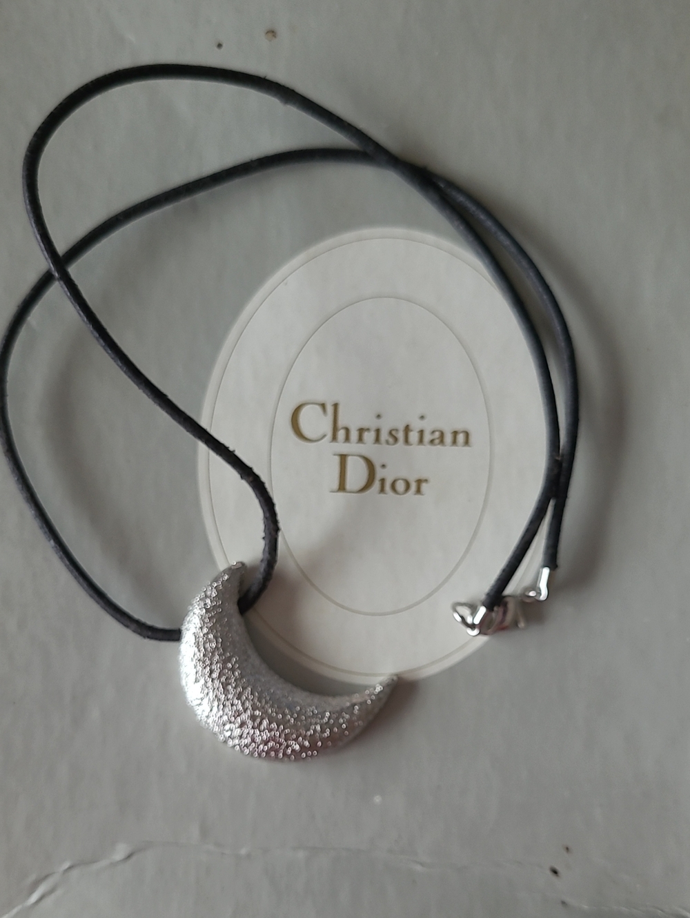 Dior Black Cord Necklace with Moon. Silver Lobster Clasp